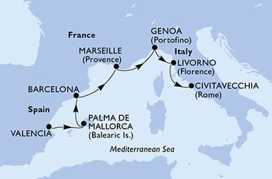 6 nights Mediterranean cruise on MSC Sinfonia
from 🇪🇸 Valencia to 🇮🇹 Civitavecchia