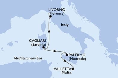 3 nights cruise on MSC Splendida 
from 🇮🇹 Livorno to 🇲🇹 Valletta 