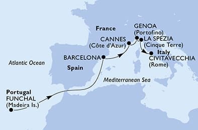 7 nights cruise on MSC Grandiosa 
from 🇵🇹 Funchal to 🇮🇹 Civitavecchia 