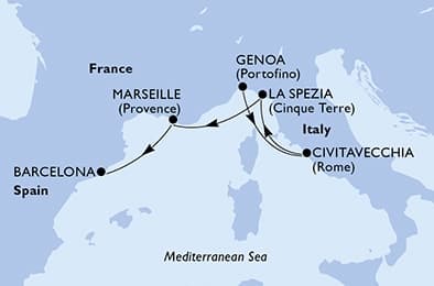 4 nights cruise on MSC World Europa 
from 🇮🇹 Genova to 🇪🇸 Barcelona 