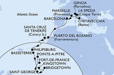 22 nights cruise on MSC World Europa 
from 🇮🇹 Genova to 🇬🇵 Pointe a Pitre 