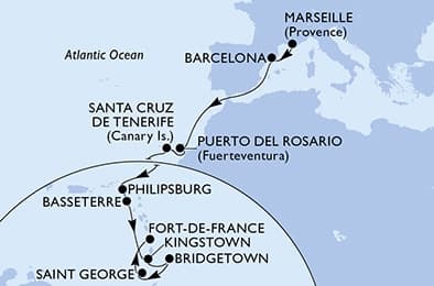 18 nights Transatlantic cruise on MSC World Europa 
from 🇫🇷 Marseille to 🇲🇶 Fort-de-France 