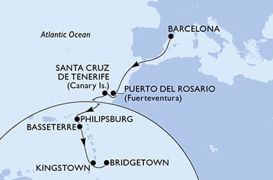 14 nights Transatlantic cruise on MSC World Europa 
from 🇪🇸 Barcelona to 🇧🇧 Bridgetown 