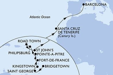 18 nights Transatlantic cruise on MSC World Europa 
from 🇧🇧 Bridgetown to 🇪🇸 Barcelona 
