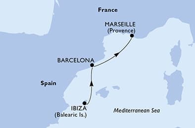2 nights cruise on MSC Seaview 
from 🇪🇸 Ibiza Town to 🇫🇷 Marseille 