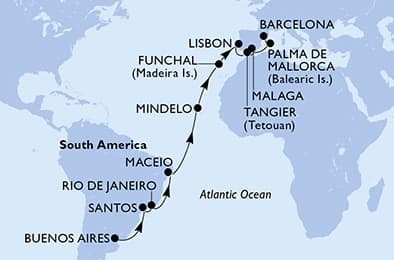 24 nights Transatlantic cruise on MSC Seaview 
from 🇦🇷 Buenos Aires to 🇪🇸 Barcelona 
