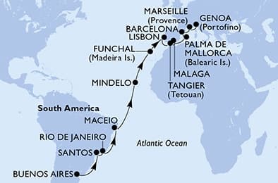 26 nights Transatlantic cruise on MSC Seaview 
from 🇦🇷 Buenos Aires to 🇮🇹 Genova 