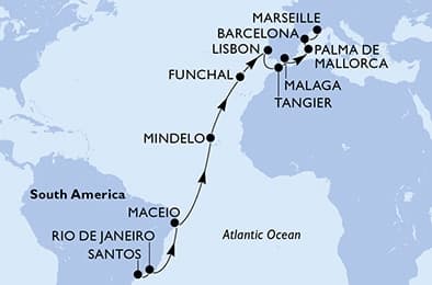 22 nights Transatlantic cruise on MSC Seaview
from 🇧🇷 Santos (Sao Paulo) to 🇫🇷 Marseille