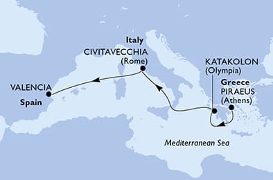 5 nights Mediterranean cruise on MSC Sinfonia 
from 🇬🇷 Piraeus to 🇪🇸 Valencia 