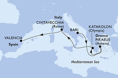 7 nights Mediterranean cruise on MSC Sinfonia
from 🇮🇹 Bari to 🇪🇸 Valencia