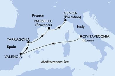 5 nights Mediterranean cruise on MSC Sinfonia 
from 🇮🇹 Civitavecchia to 🇮🇹 Genova 