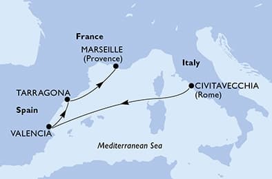 4 nights Mediterranean cruise on MSC Sinfonia 
from 🇮🇹 Civitavecchia to 🇫🇷 Marseille 