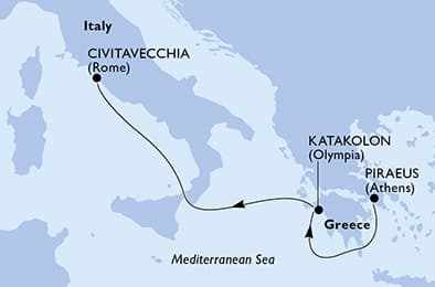 3 nights Mediterranean cruise on MSC Sinfonia 
from 🇬🇷 Piraeus to 🇮🇹 Civitavecchia 