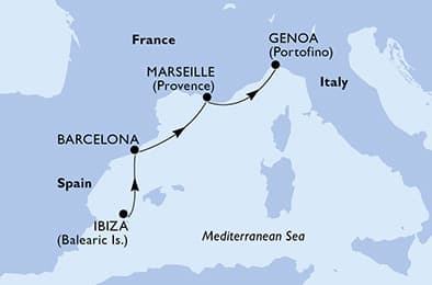 3 nights cruise on MSC Seaview 
from 🇪🇸 Ibiza Town to 🇮🇹 Genoa 
