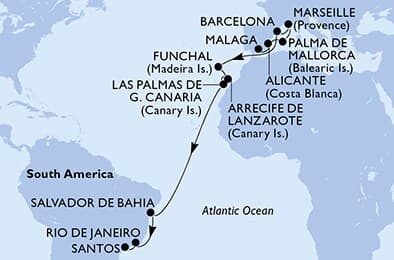 20 nights cruise on MSC Virtuosa 
from 🇪🇸 Málaga to 🇧🇷 Santos (São Paulo) 