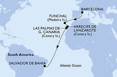 12 nights Transatlantic cruise on MSC Virtuosa 
from 🇪🇸 Barcelona to 🇧🇷 Salvador 