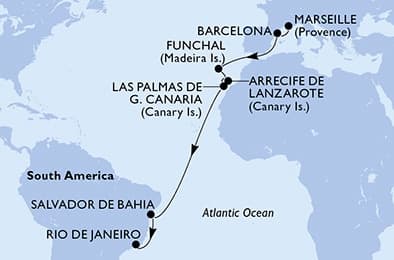 16 nights Transatlantic cruise on MSC Virtuosa
from 🇫🇷 Marseille to 🇧🇷 Rio de Janeiro