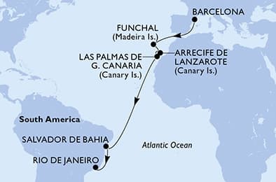 15 nights Transatlantic cruise on MSC Virtuosa 
from 🇪🇸 Barcelona to 🇧🇷 Rio de Janeiro 