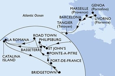 24 nights Transatlantic cruise on MSC Opera 
from 🇮🇹 Genoa to 🇩🇴 La Romana 