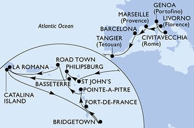 25 nights Transatlantic cruise on MSC Opera 
from 🇮🇹 Civitavecchia to 🇩🇴 La Romana 