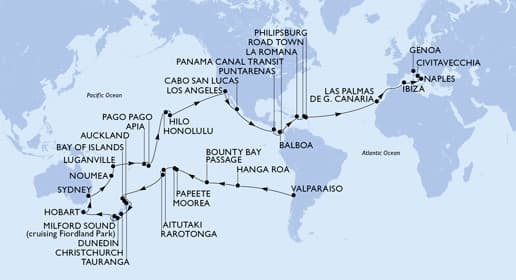 85 nights Extraordinary cruise on MSC Magnifica 
from 🇨🇱 Valparaiso to 🇮🇹 Genova 