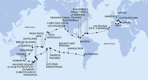 86 nights Extraordinary cruise on MSC Magnifica 
from 🇨🇱 Valparaiso to 🇫🇷 Marseille 