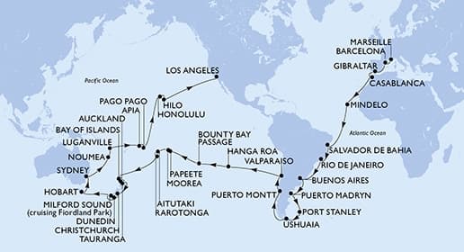91 nights Extraordinary cruise on MSC Magnifica 
from 🇫🇷 Marseille to 🇺🇸 Los Angeles 