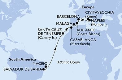 16 nights Transatlantic cruise on MSC Divina 
from 🇧🇷 Salvador to 🇮🇹 Civitavecchia 