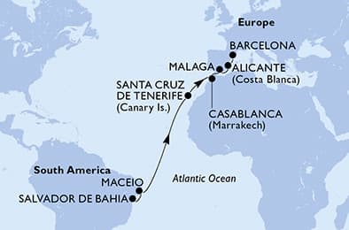 13 nights Transatlantic cruise on MSC Divina 
from 🇧🇷 Salvador to 🇪🇸 Barcelona 