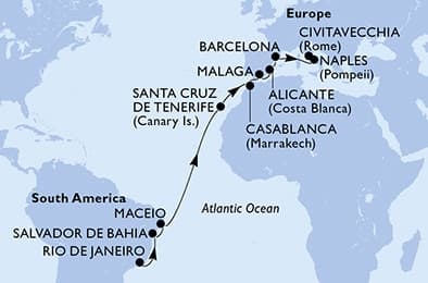 18 nights Transatlantic cruise on MSC Divina
from 🇧🇷 Rio de Janeiro to 🇮🇹 Civitavecchia