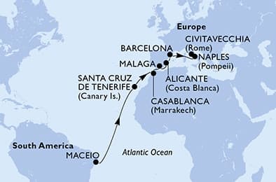 15 nights Transatlantic cruise on MSC Divina 
from 🇧🇷 Maceió to 🇮🇹 Civitavecchia 