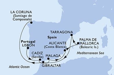 9 nights cruise on MSC Virtuosa 
from 🇵🇹 Lisbon to 🇪🇸 A Coruña 