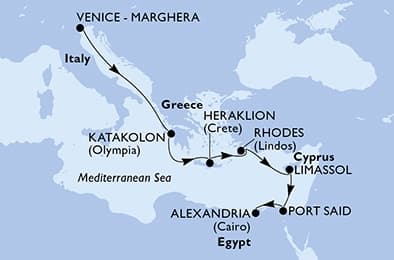 7 nights cruise on MSC Lirica 
from 🇮🇹 Venice to 🇪🇬 Alexandria 