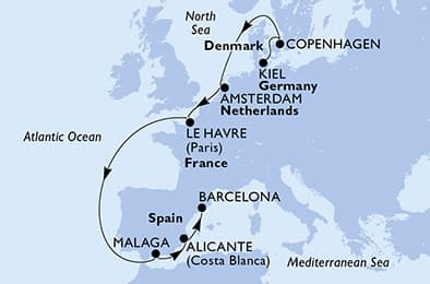 10 nights North European cruise on MSC Euribia 
from 🇩🇪 Kiel to 🇪🇸 Barcelona 