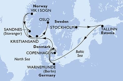 9 nights North European cruise on MSC Splendida 
from 🇸🇪 Stockholm to 🇳🇴 Oslo 
