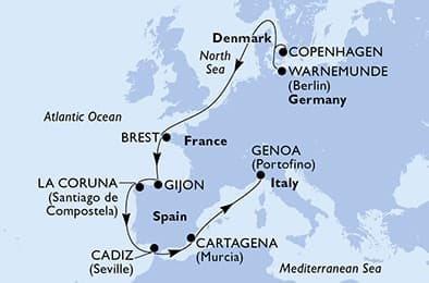 11 nights North European cruise on MSC Splendida 
from 🇩🇰 Copenhagen to 🇮🇹 Genova 
