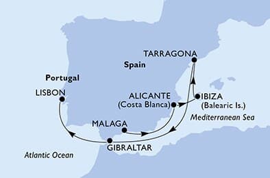 6 nights cruise on MSC Virtuosa 
from 🇪🇸 Malaga to 🇵🇹 Lisbon 