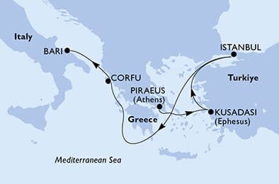 5 nights cruise on MSC Fantasia
from 🇬🇷 Piraeus to 🇮🇹 Bari