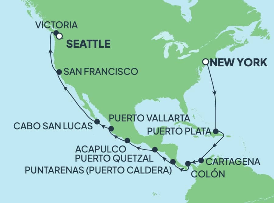 22 nights Panama canal cruise on Norwegian Bliss 
from 🇺🇸 New York to 🇺🇸 Seattle 