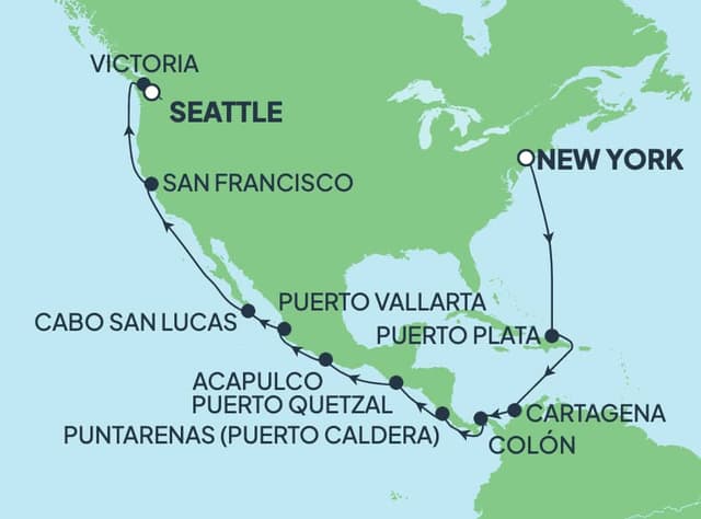 22 nights Panama canal cruise on Norwegian Bliss 
from 🇺🇸 New York to 🇺🇸 Seattle 