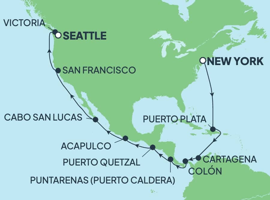 22 nights Panama canal cruise on Norwegian Bliss 
from 🇺🇸 New York to 🇺🇸 Seattle 