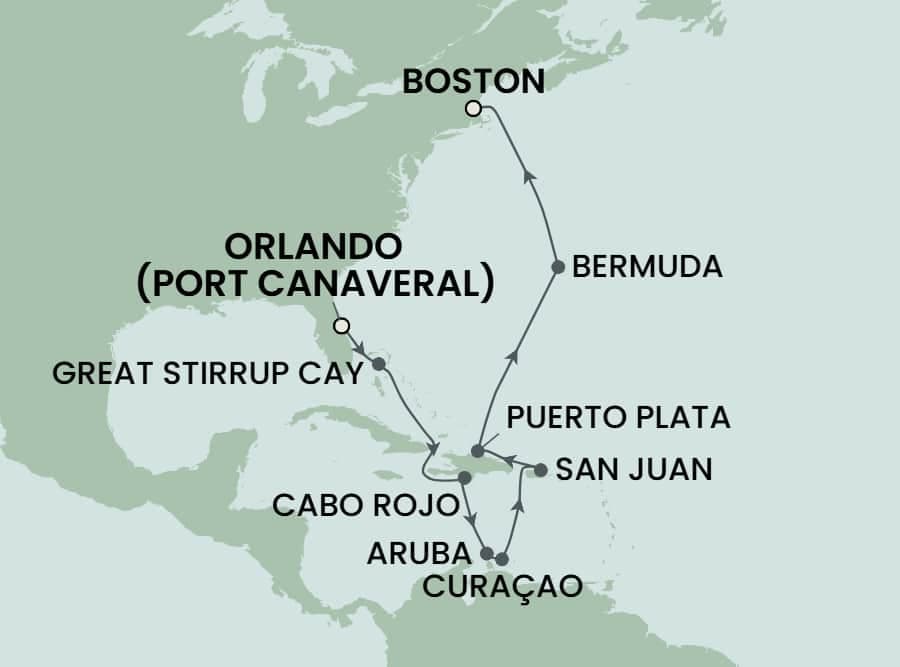 13 nights Caribbean cruise on Norwegian Breakaway 
from 🇺🇸 Cape Canaveral to 🇺🇸 Boston 