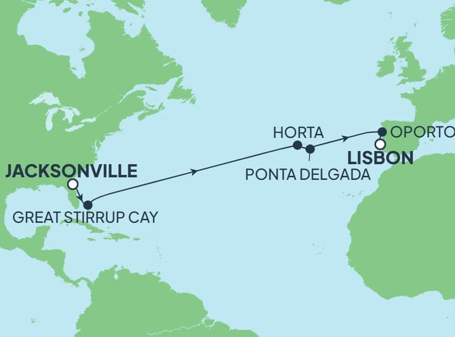 13 nights Bahamas cruise on Norwegian Dawn 
from 🇺🇸 Jacksonville to 🇵🇹 Lisbon 