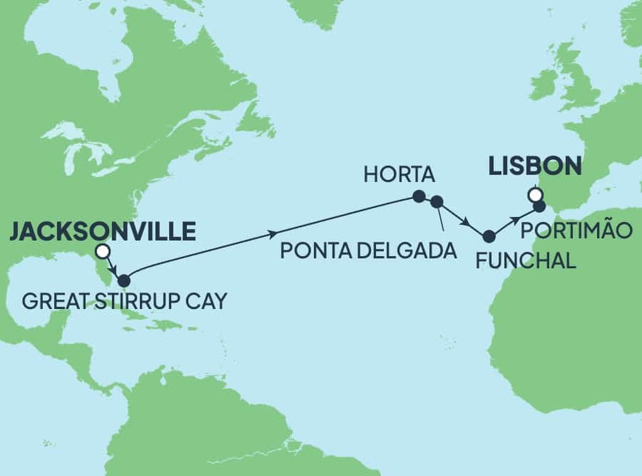 15 nights Transatlantic cruise on Norwegian Dawn 
from 🇺🇸 Jacksonville to 🇵🇹 Lisbon 