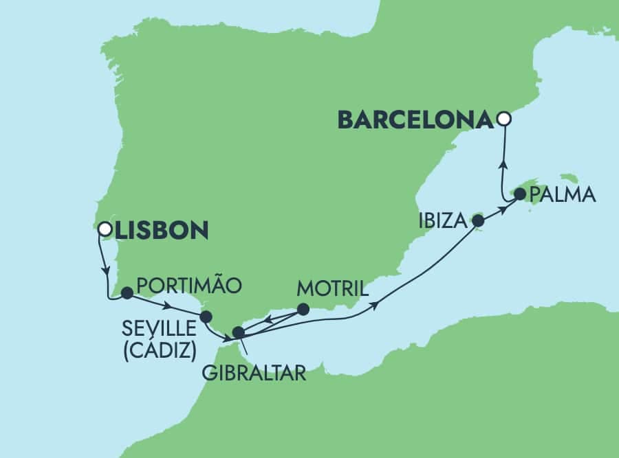 7 nights Mediterranean cruise on Norwegian Dawn 
from 🇵🇹 Lisbon to 🇪🇸 Barcelona 