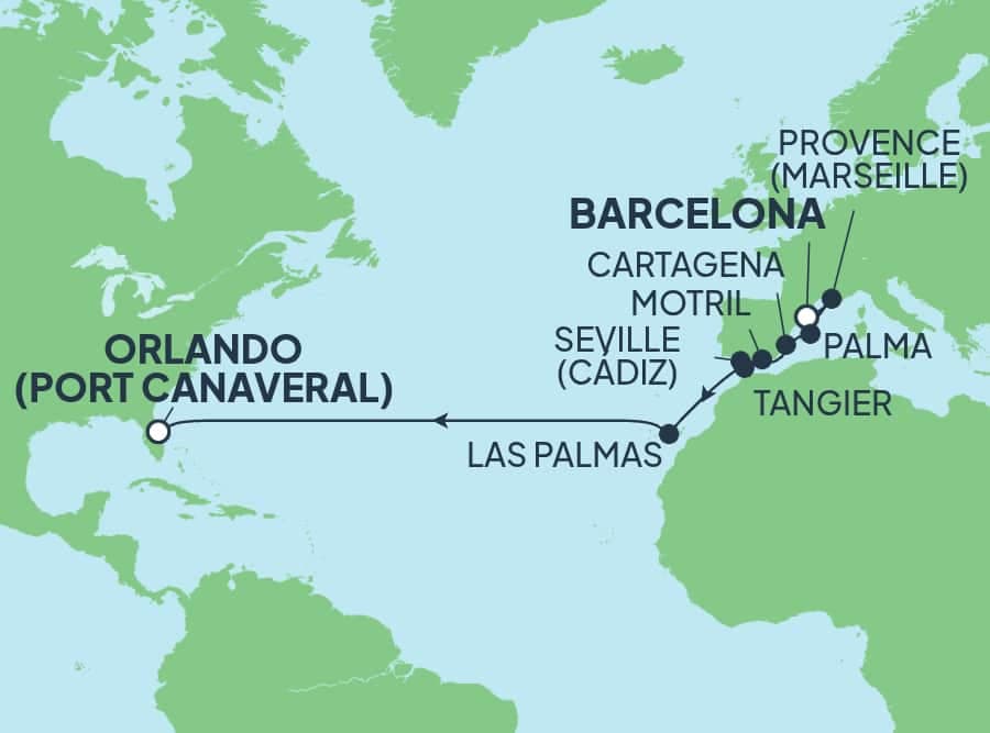 16 nights Transatlantic cruise on Norwegian Escape 
from 🇪🇸 Barcelona to 🇺🇸 Cape Canaveral 