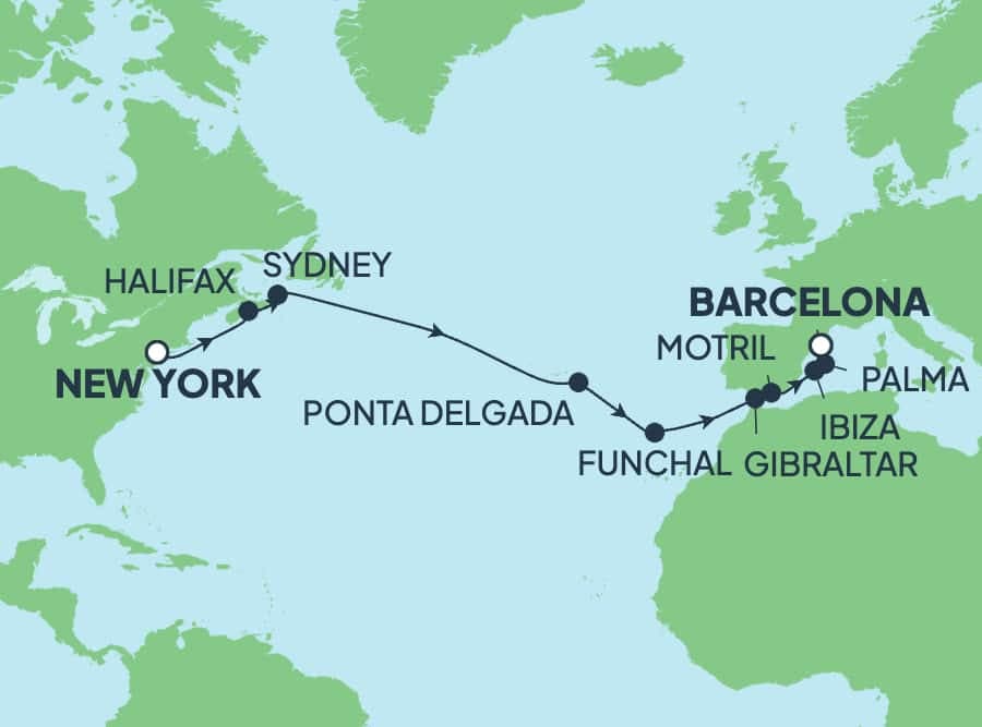 16 nights Transatlantic cruise on Norwegian Escape 
from 🇺🇸 New York to 🇪🇸 Barcelona 