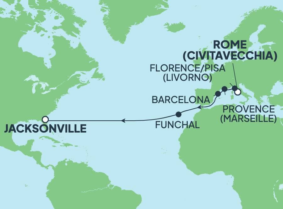 14 nights Transatlantic cruise on Norwegian Gem 
from 🇮🇹 Civitavecchia to 🇺🇸 Jacksonville 