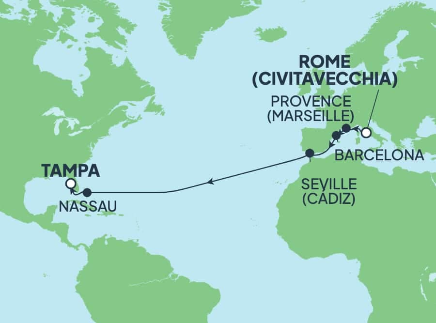 15 nights Transatlantic cruise on Norwegian Gem 
from 🇮🇹 Civitavecchia to 🇺🇸 Tampa 