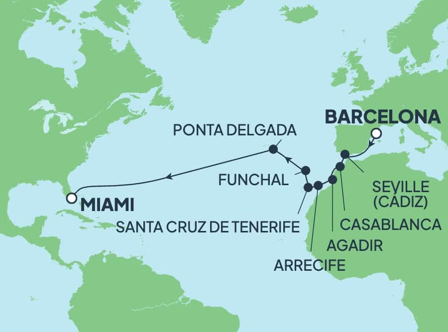 16 nights Transatlantic cruise on Norwegian Gem 
from 🇪🇸 Barcelona to 🇺🇸 Miami 